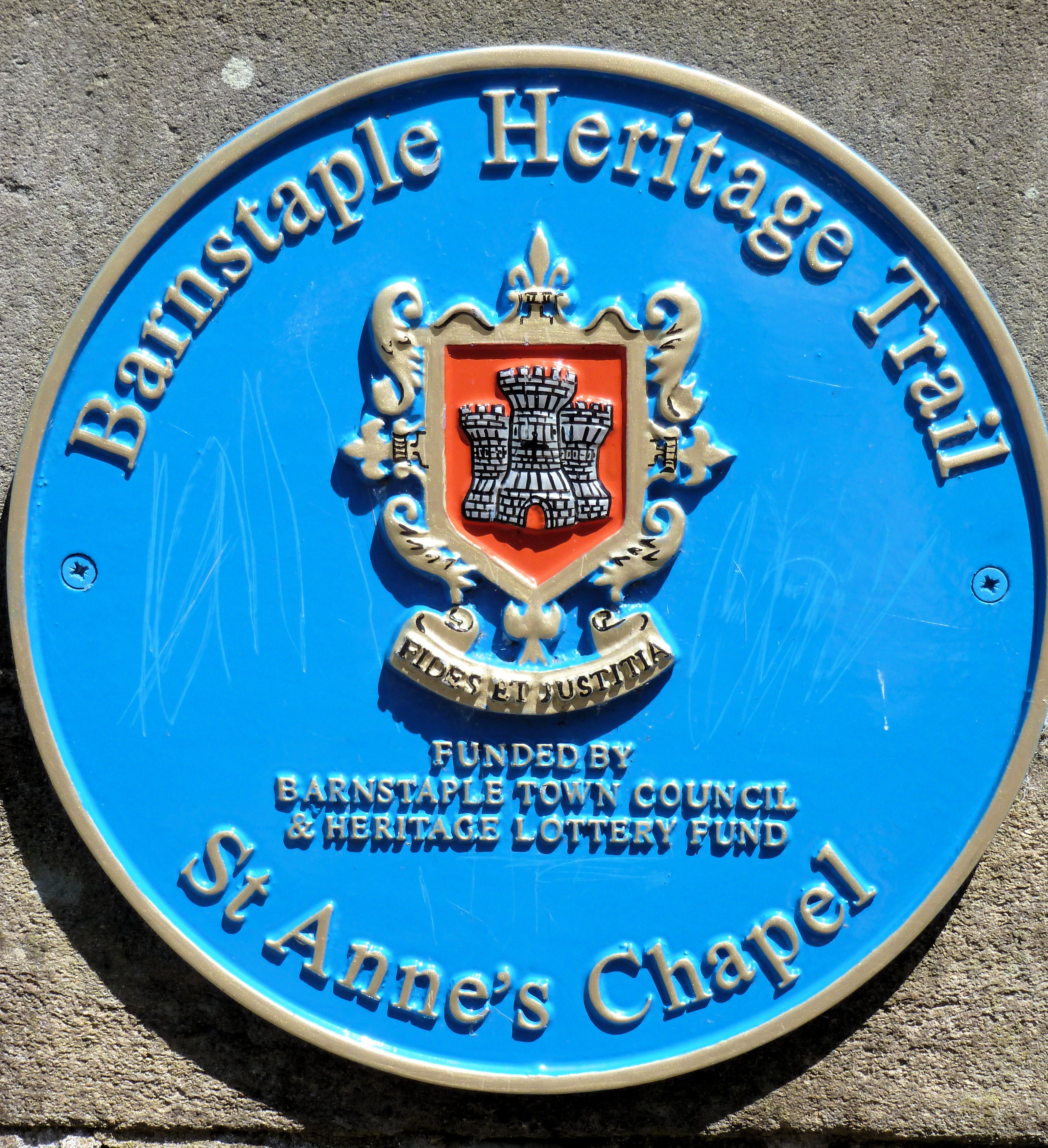 Barnstaple historical marker for St. Anne's Chapel. (281508 bytes)